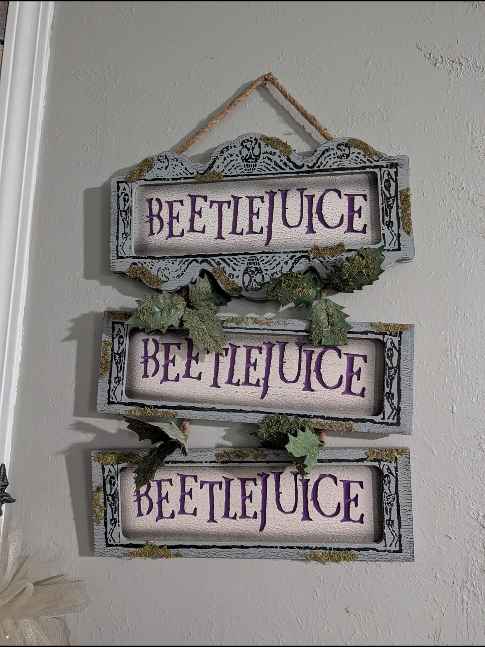Beetlejuice Wall Sign Trio - White & Purple Halloween Decor